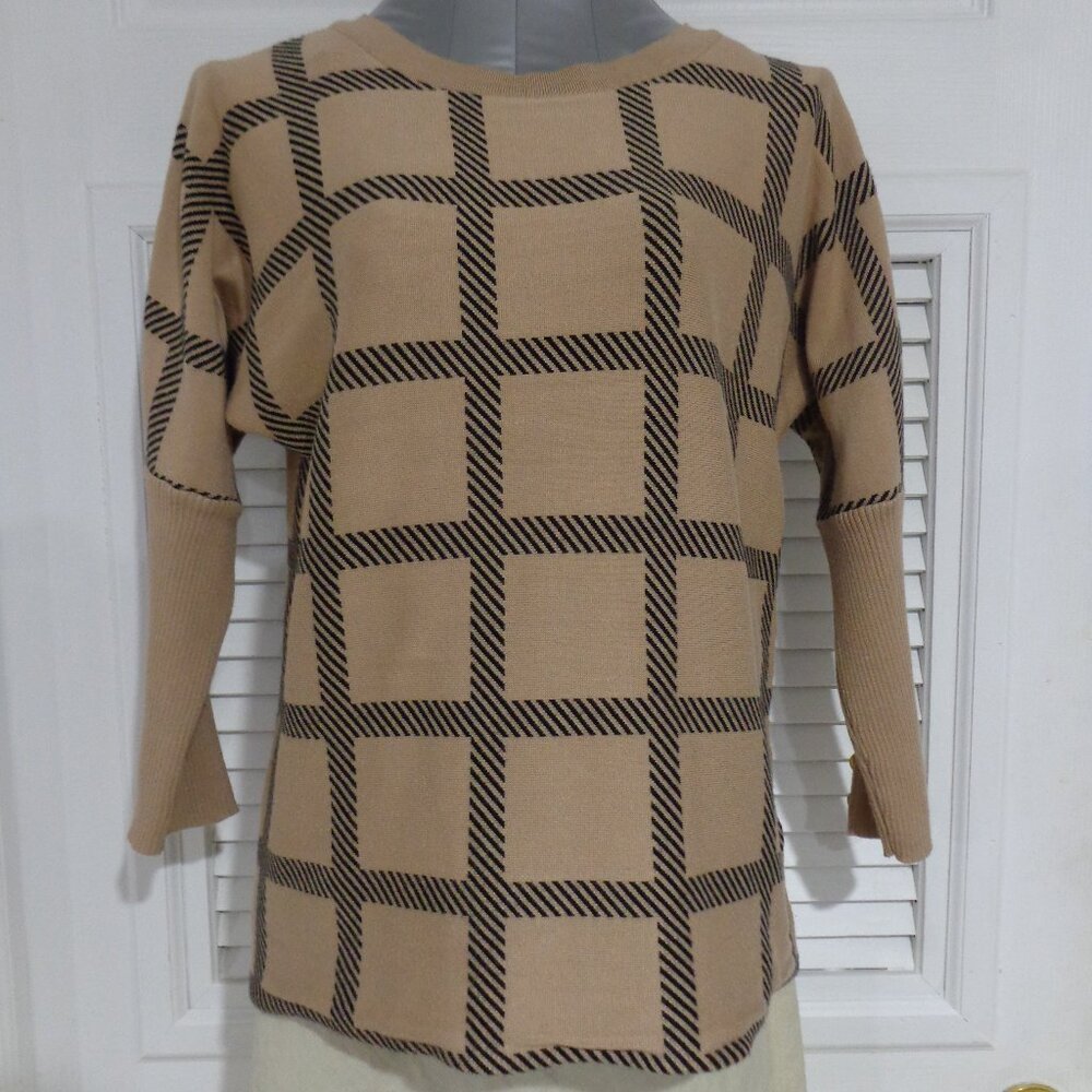 Cable & Gauge Women's Plaid Sweater Tan Black Button Cuffs 3/4 Long Sleeves Sz M
